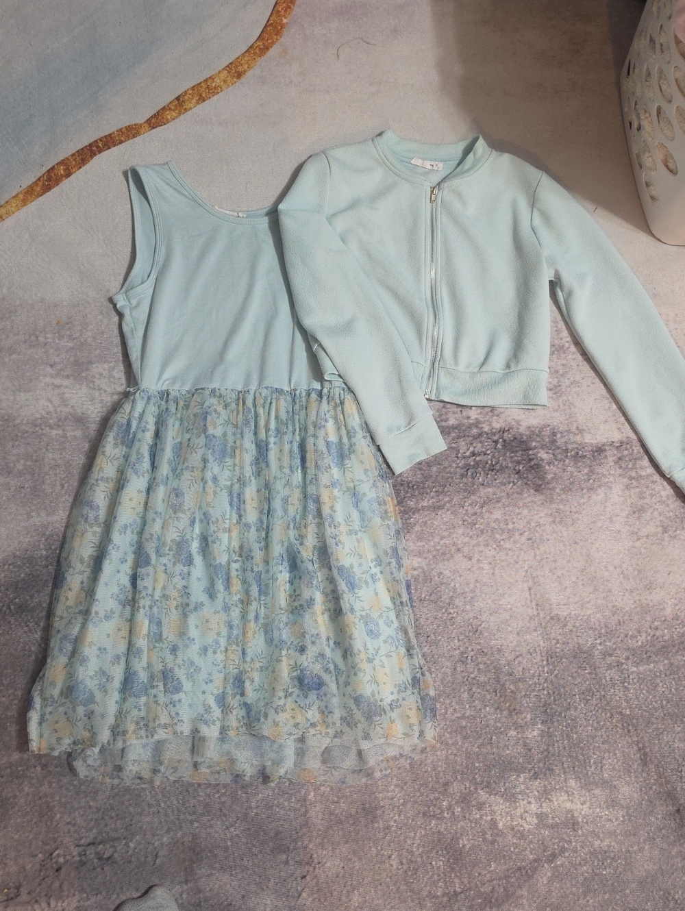 Beautees Floral Tulle Dress with Pale Blue Zip-Up Jacket